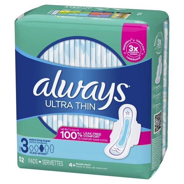 Always Ultra Thin Pads with Wings, Size 3, 52 CT