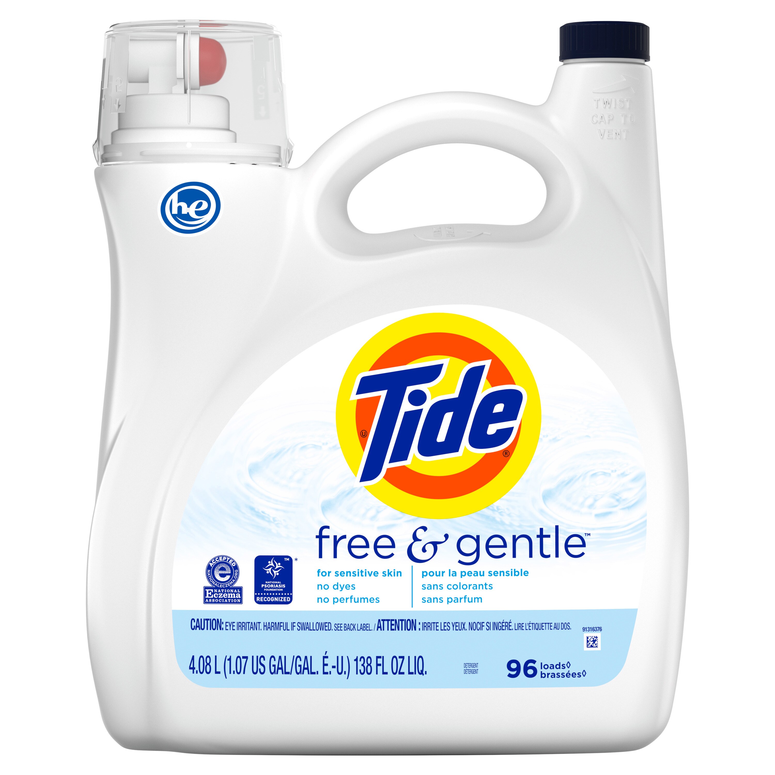 Tide Free & Gentle Liquid Laundry Detergent, 96 loads 138 fl oz, HE Compatible