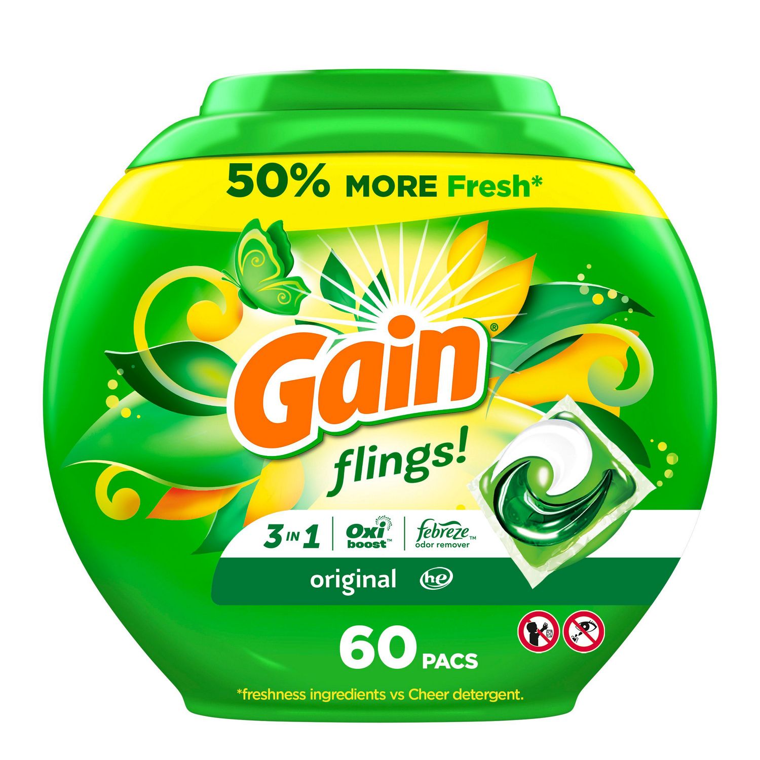 Gain Flings Laundry Detergent Soap Pacs, Original Scent, 60 ct