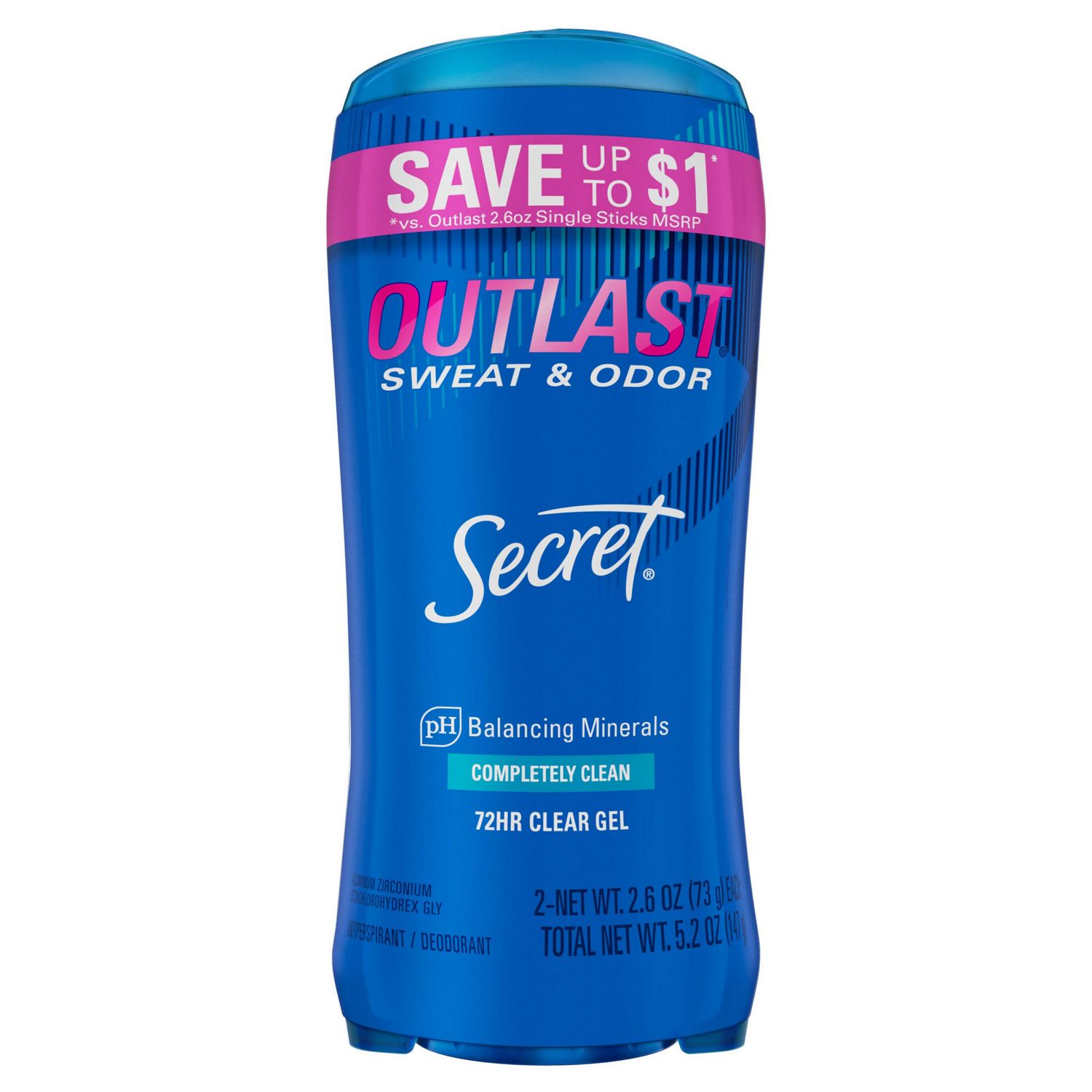 Secret Outlast 48-Hour Clear Gel Antiperspirant & Deodorant Stick, Completely Clean, 2.6 OZ, 2 Pack