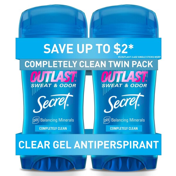 Secret Outlast 48-Hour Clear Gel Antiperspirant & Deodorant Stick, Completely Clean, 2.6 OZ, 2 Pack