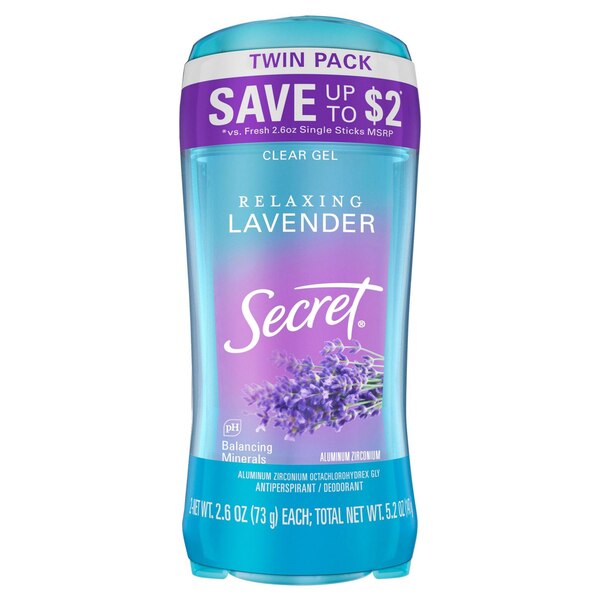 Secret 48-Hour Clear Gel Antiperspirant & Deodorant Stick, Lavender, 2.6 OZ, 2 Pack