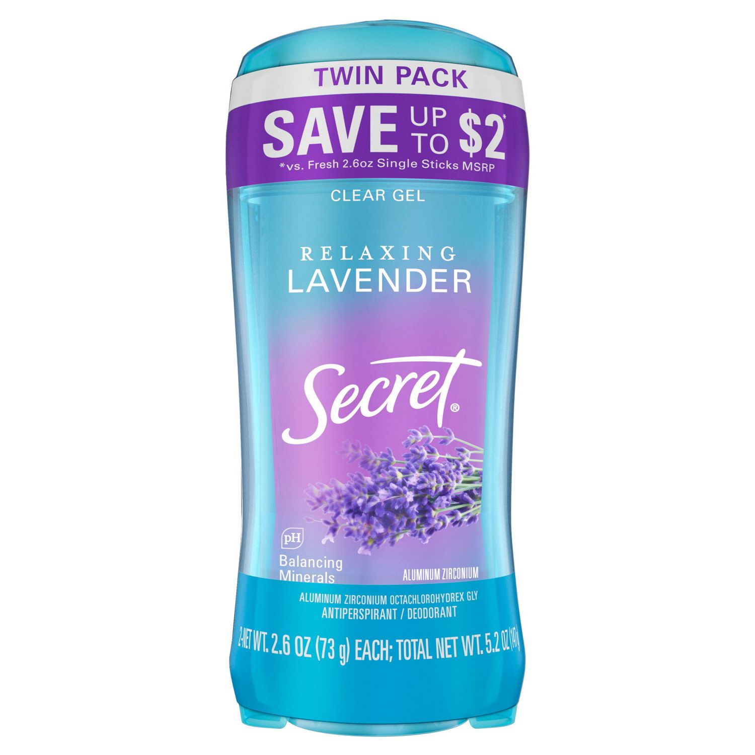 Secret 48-Hour Clear Gel Antiperspirant & Deodorant Stick, Lavender, 2.6 OZ, 2 Pack