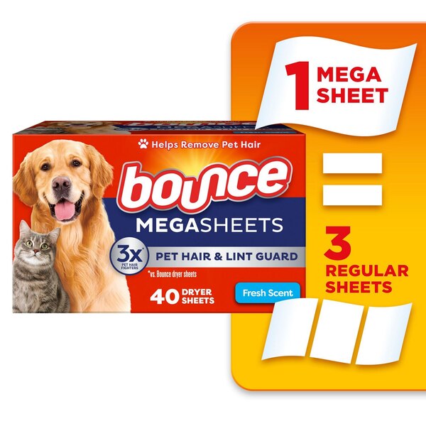 Bounce MegaSheets Pet Hair & Lint Guard Dryer Sheets, Fresh Scent, 40 ct