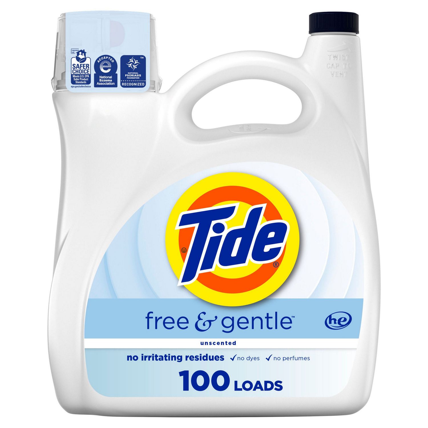 Tide Free & Gentle HE Liquid, Unscented, 100 loads, 132 oz