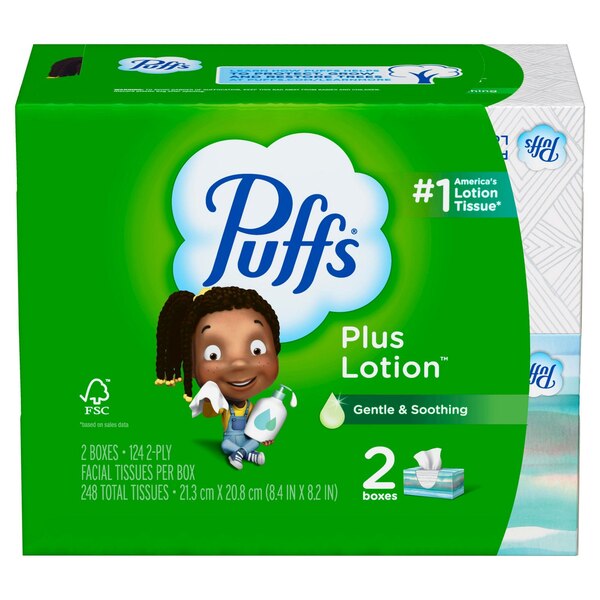 Puffs Plus Lotion Facial Tissue, 2 Boxes (124 tissues total)
