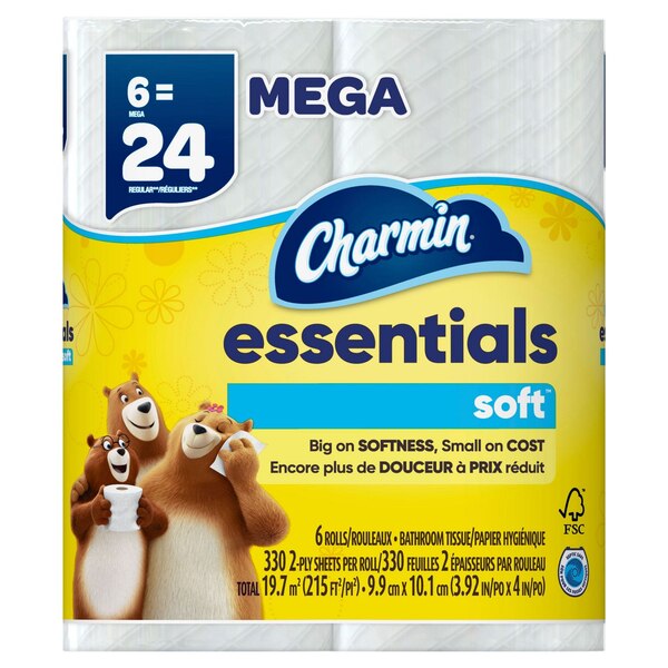 Charmin Essentials Soft Toilet Paper 6 Mega Rolls, 330 Sheets per Roll