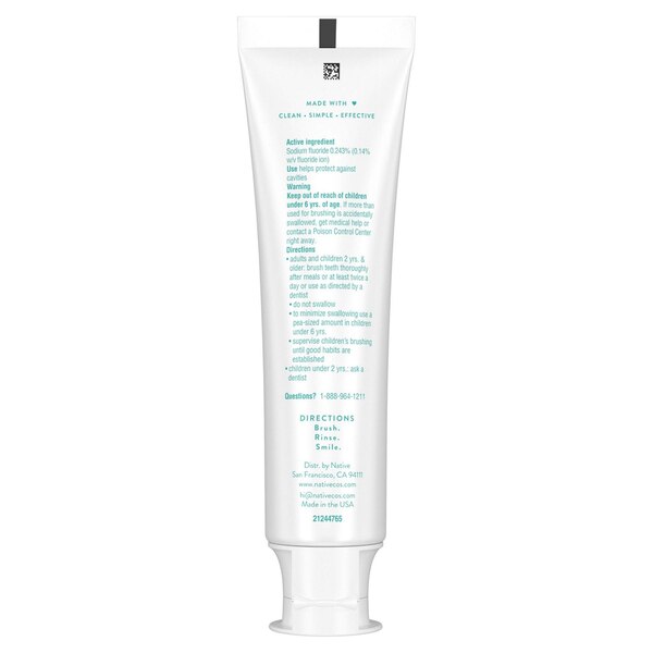Native Fluoride Anticavity Whitening Toothpaste, Wild Mint and Peppermint Oil, 4.1 OZ