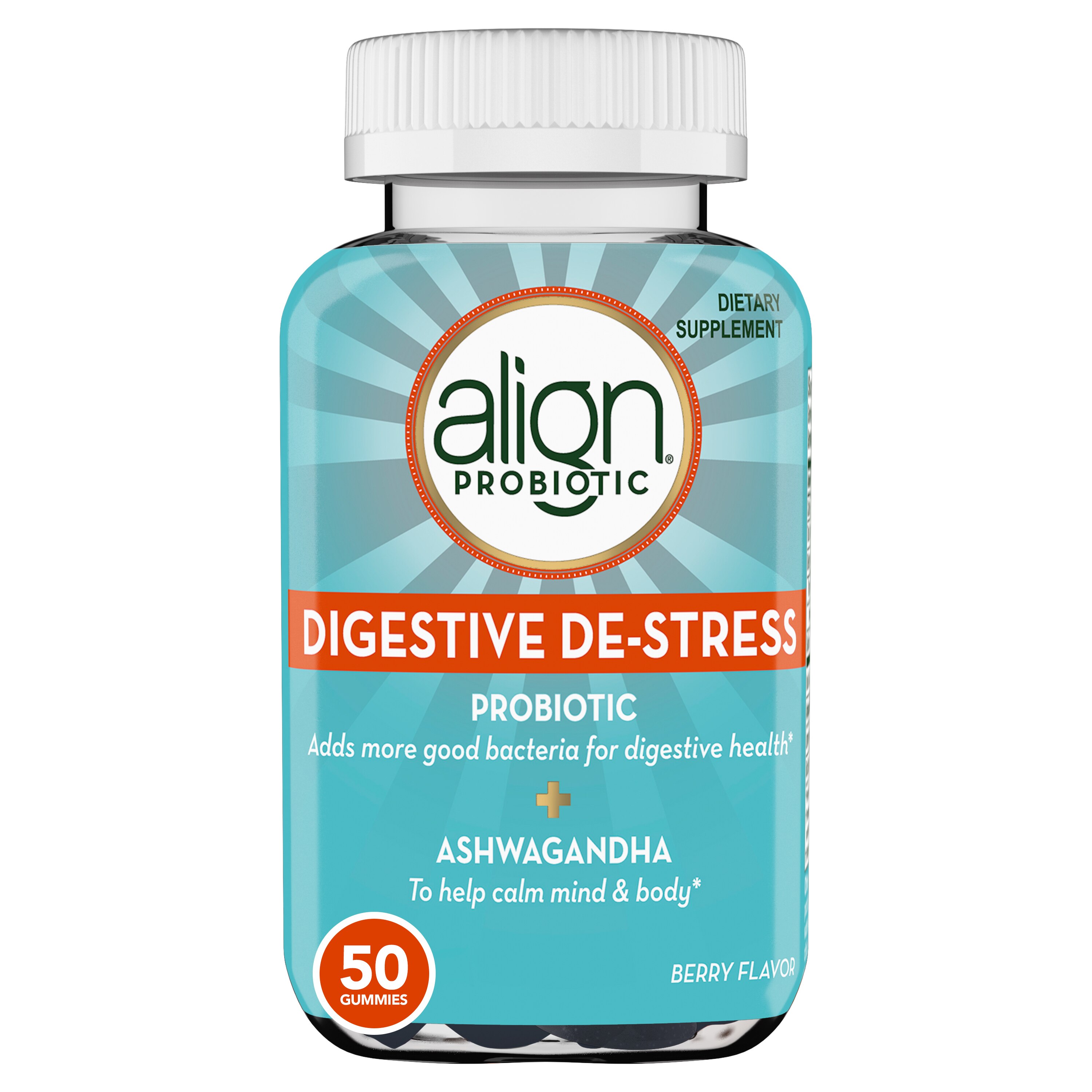 Align DIGESTIVE DE-STRESS Probiotic + Herbal Ashwagandha Supplement, Digestive Health for Men & Women, Berry Flavor, 50 Gummies, #1 Doctor Recommend