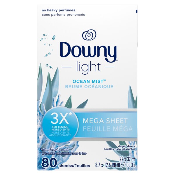 Downy Light Mega Dryer Sheets, Ocean Mist, 80 Count