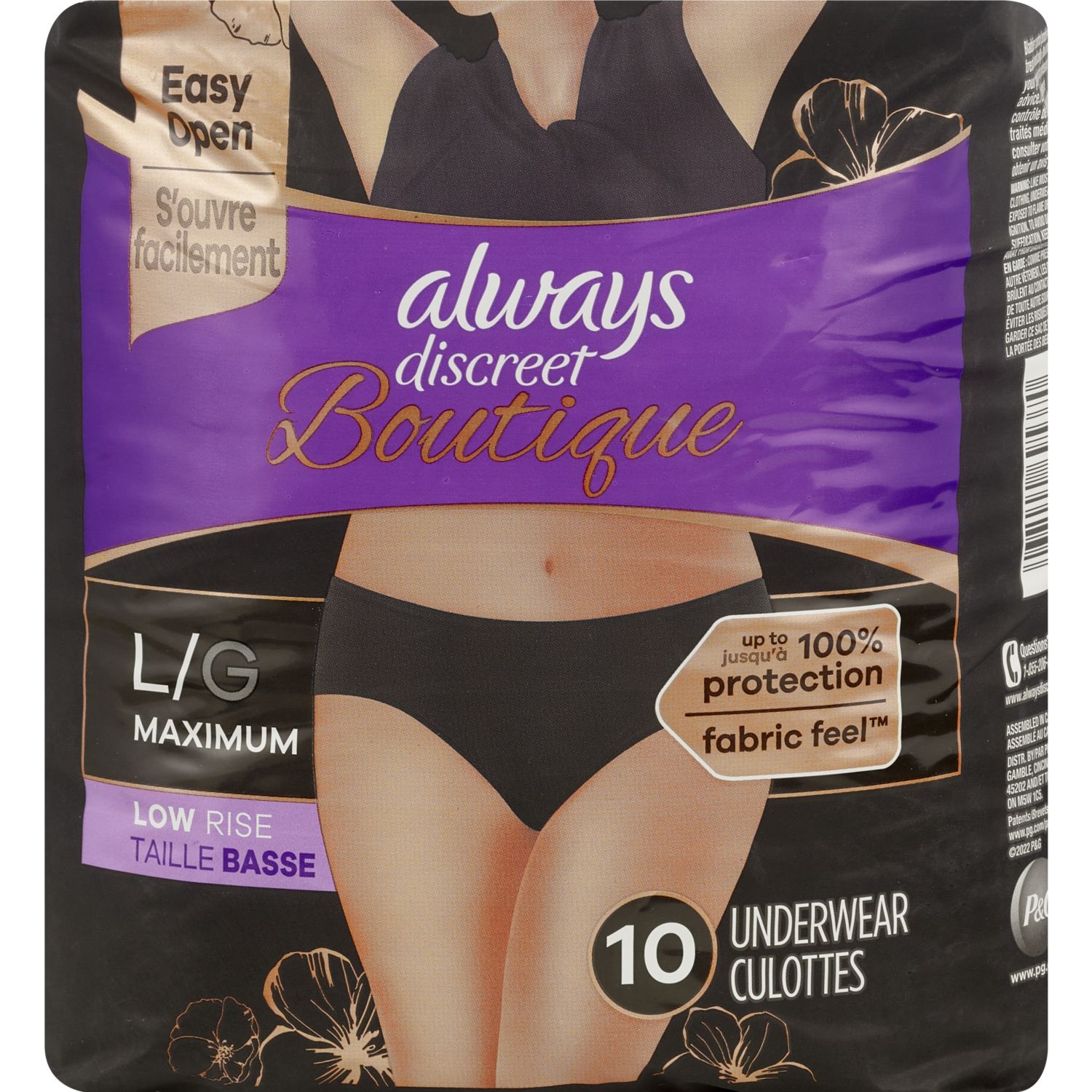 Always Discreet Boutique Incontinence Underwear, Black, L, 10 CT