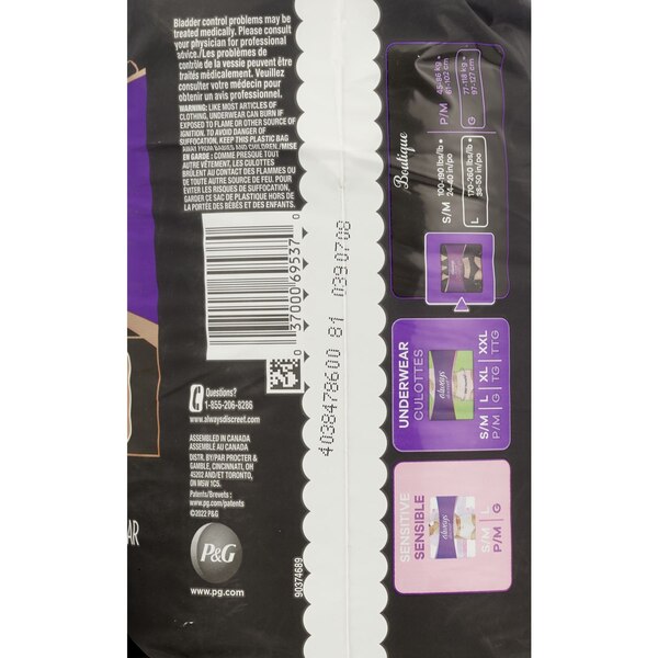 Always Discreet Boutique Incontinence Underwear, Black, L, 10 CT