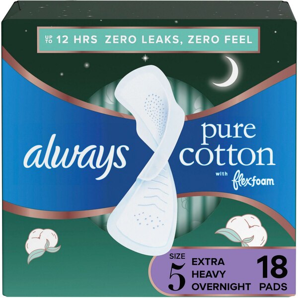 Always Pure Cotton Pads, with Wings, Size 5, 18 CT