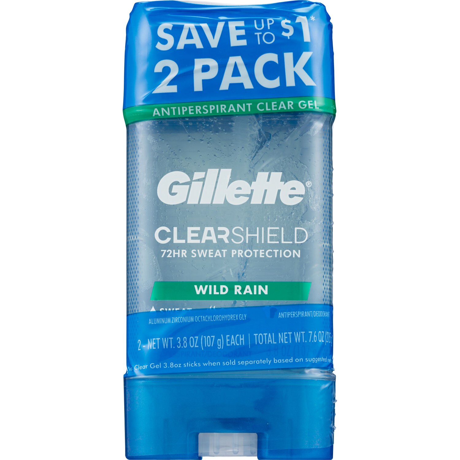 Gillette Clear Shield 72HR Sweat Protection, Wild Rain, 3.8 OZ, 2 CT