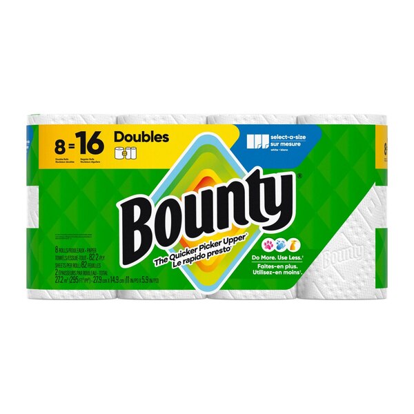 Bounty Select-A-Size Paper Towels, 8 Double Rolls, White, 90 Sheets Per Roll