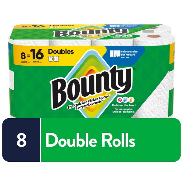 Bounty Select-A-Size Paper Towels, 8 Double Rolls, White, 90 Sheets Per Roll
