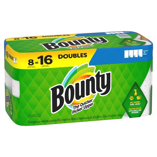 Bounty Select-A-Size Paper Towels, 8 Double Rolls, White, 90 Sheets Per Roll
