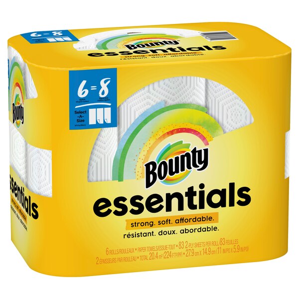Bounty Essentials Select-A-Size Paper Towels, White, 6 Big Rolls = 8 Regular Rolls, 6 Count