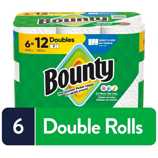 Bounty Select-A-Size Paper Towels, 6 Double Rolls, White, 90 Sheets Per Roll