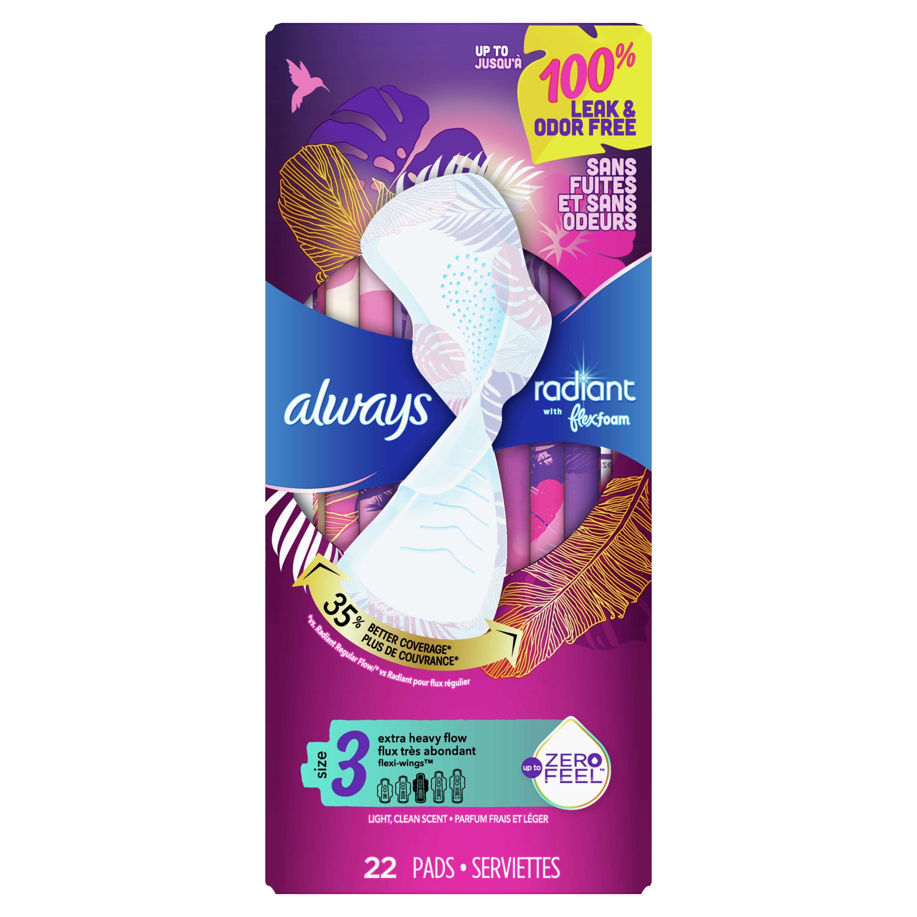 Always Radiant Pads, with Wings, Scented, Size 3, 22 CT