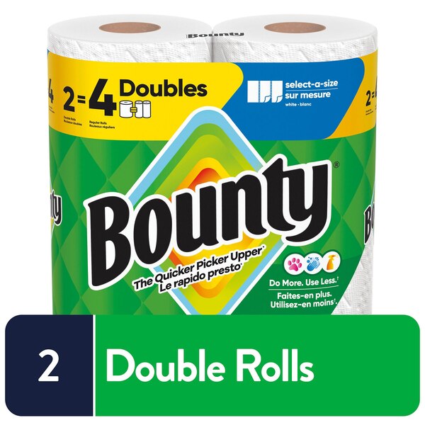 Bounty Select-A-Size Paper Towels, 2 Double Rolls, White, 90 Sheets Per Roll