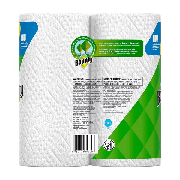 Bounty Select-A-Size Paper Towels, 2 Double Rolls, White, 90 Sheets Per Roll