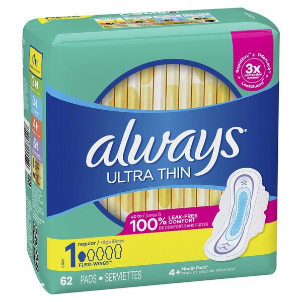 Always Ultra Thin Pads with Wings, Size 1, 62 CT