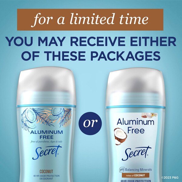 Secret 48-Hour Aluminum Free Deodorant Stick, Real Coconut, 2.4 OZ
