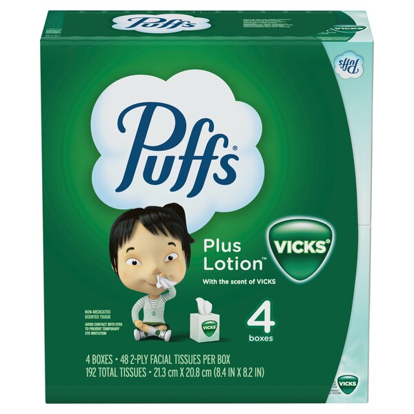 Puffs Plus Lotion with the Scent of Vick's Facial Tissues, 48 Tissues per Cube, 4 ct