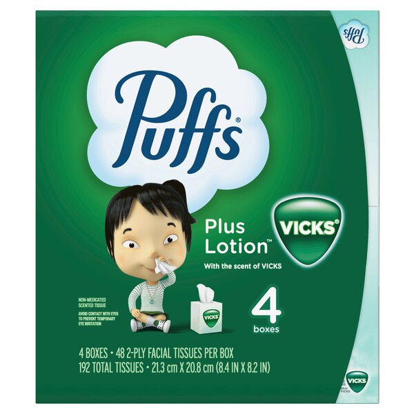Puffs Plus Lotion with the Scent of Vick's Facial Tissues, 48 Tissues per Cube, 4 ct