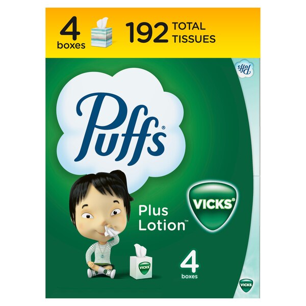 Puffs Plus Lotion with the Scent of Vick's Facial Tissues, 48 Tissues per Cube, 4 ct