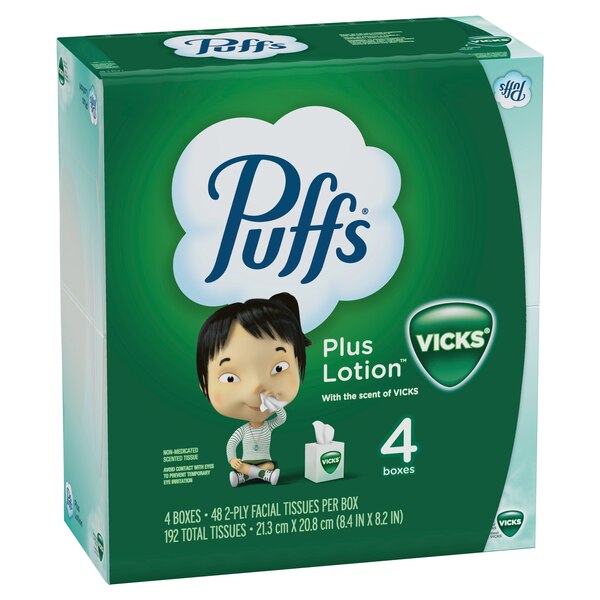 Puffs Plus Lotion with the Scent of Vick's Facial Tissues, 48 Tissues per Cube, 4 ct