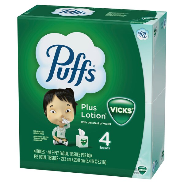 Puffs Plus Lotion with the Scent of Vick's Facial Tissues, 48 Tissues per Cube, 4 ct