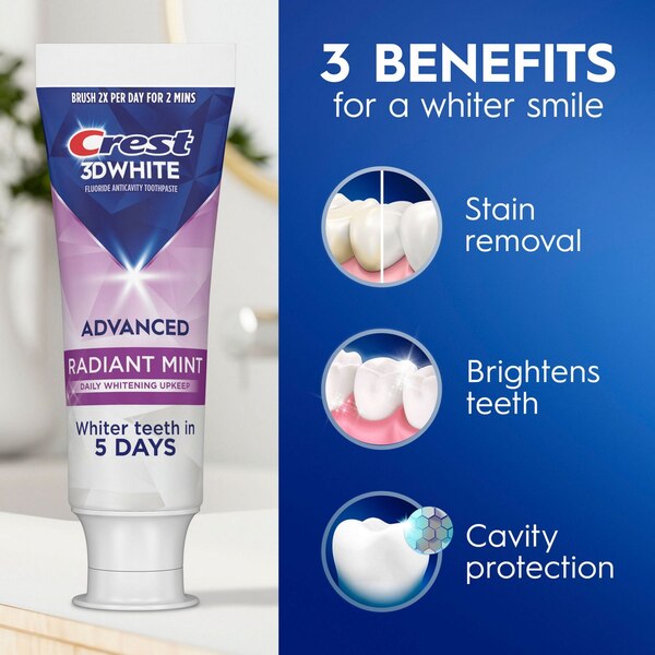 Crest 3D White Fluoride Anticavity Whitening Toothpaste, Radiant Mint, 2.4 OZ