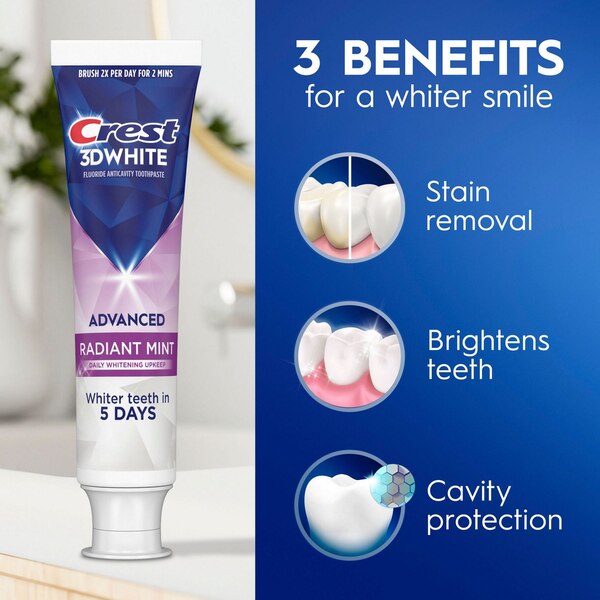 Crest 3D White Fluoride Anticavity Whitening Toothpaste, Advanced Radiant Mint
