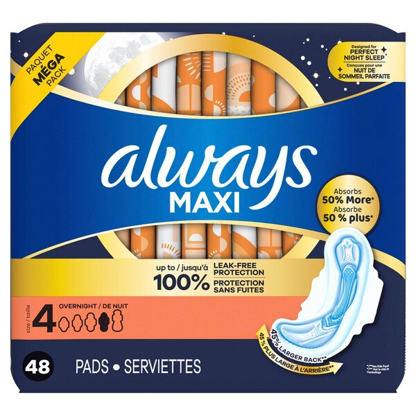 Always Size 4 Maxi Pads with Wings, Unscented, Overnight