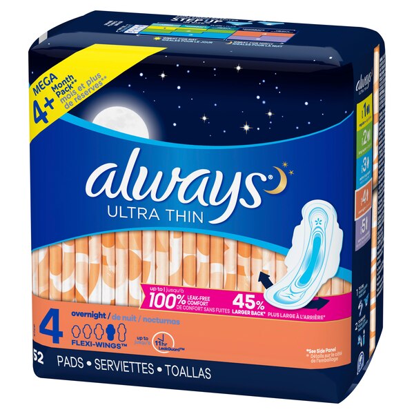 Always Ultra Thin Size 4 Pads with Wings, Unscented, Overnight
