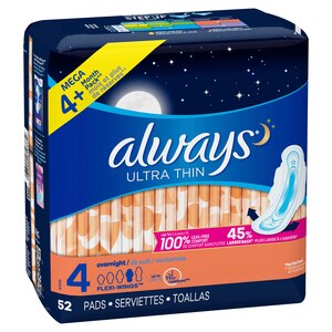 Always Ultra Thin Size 4 Pads with Wings, Unscented, Overnight, , 52 CT