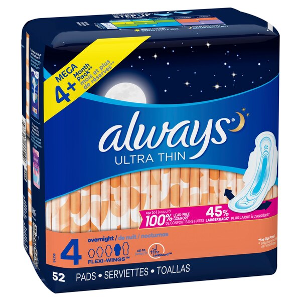 Always Ultra Thin Size 4 Pads with Wings, Unscented, Overnight