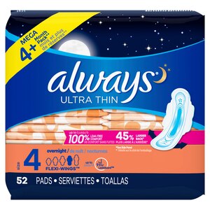 Always Ultra Thin Size 4 Pads with Wings, Unscented, Overnight, , 52 CT
