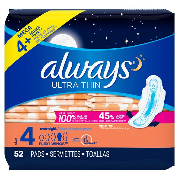 Always Ultra Thin Size 4 Pads with Wings, Unscented, Overnight