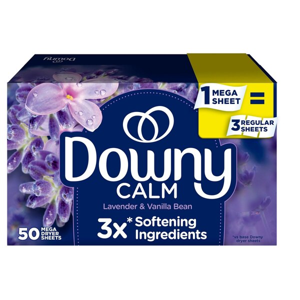 Downy Calm Infusions Fabric Softener Mega Dryer Sheets, Lavender & Vanilla Bean Scent, 50 ct