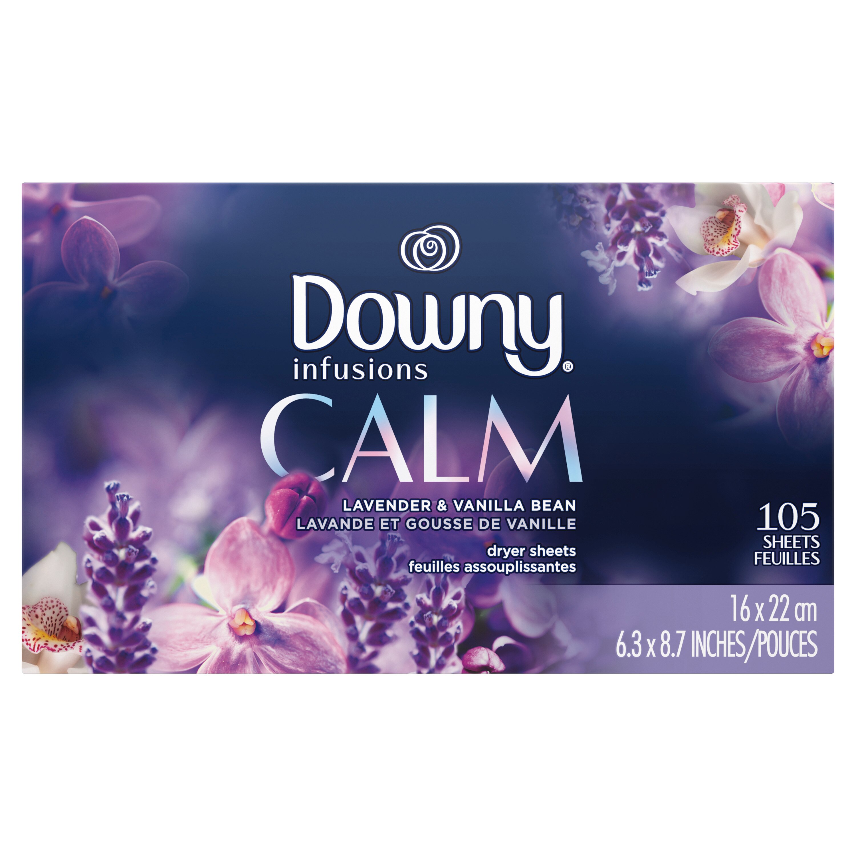 Downy Infusions Fabric Softener Dryer Sheets, Calm, Lavender & Vanilla Bean, 105 ct