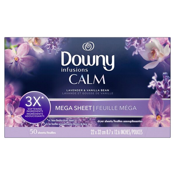 Downy Calm Infusions Fabric Softener Mega Dryer Sheets, Lavender & Vanilla Bean Scent, 50 ct