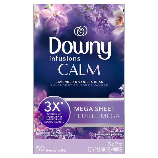 Downy Calm Infusions Fabric Softener Mega Dryer Sheets, Lavender & Vanilla Bean Scent, 50 ct