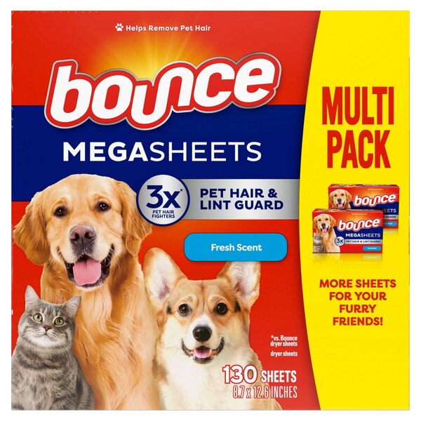 Bounce MegaSheets Pet Hair & Lint Guard Dryer Sheets, Fresh Scent, 130 ct