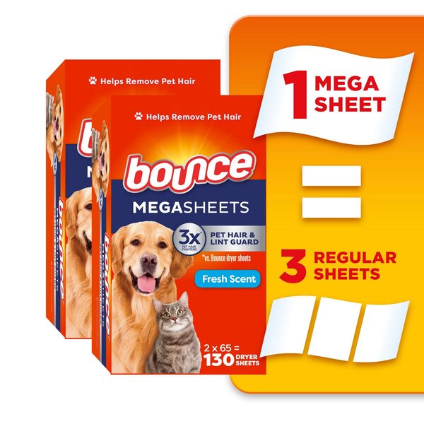 Bounce MegaSheets Pet Hair & Lint Guard Dryer Sheets, Fresh Scent, 130 ct