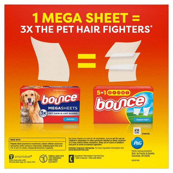 Bounce MegaSheets Pet Hair & Lint Guard Dryer Sheets, Fresh Scent, 130 ct