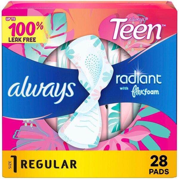 Always Radiant Teen Pads, Unscented, Regular