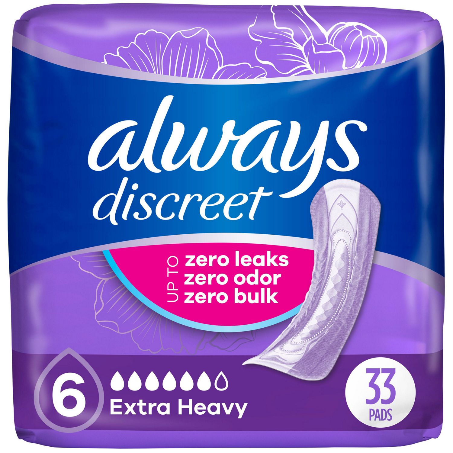Always Discreet Incontinence Pads 6 Drop Extra Heavy Regular 33ct